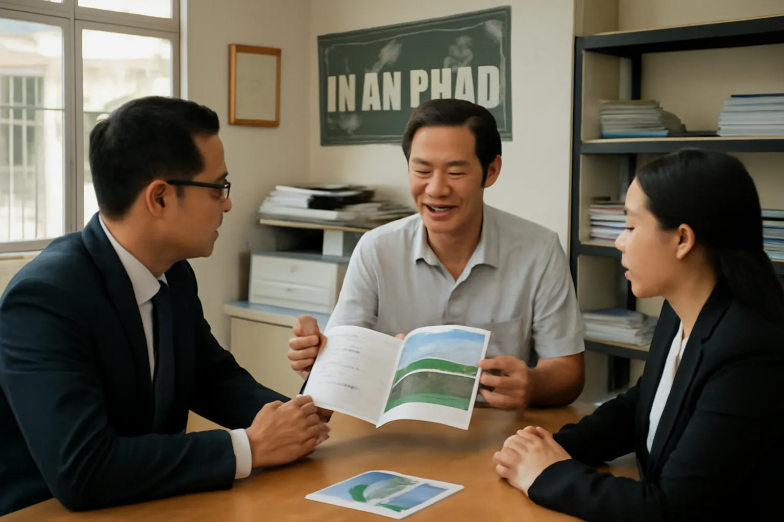 Chủ xưởng in người Việt trao đổi mẫu sản phẩm với đại diện một công ty trong phòng họp nhỏ
