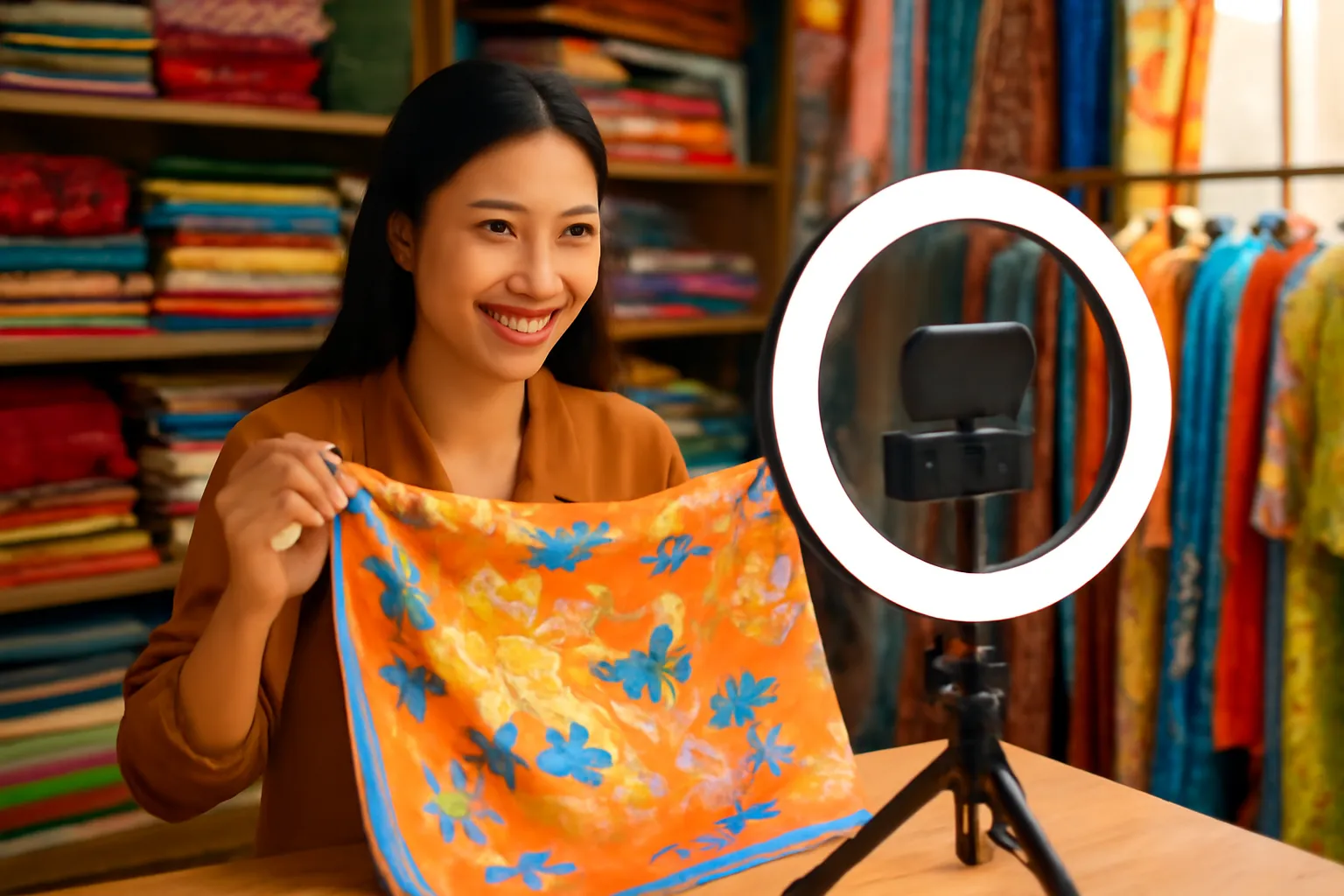 Người phụ nữ Việt giới thiệu khăn lụa trước điện thoại đặt trên giá trong cửa hàng