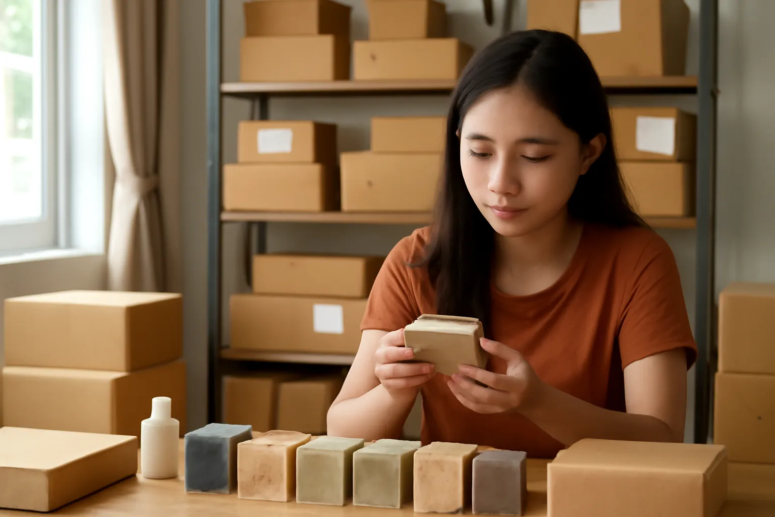 Cô gái người Việt kiểm tra hàng trước khi đóng gói đơn online tại nhà