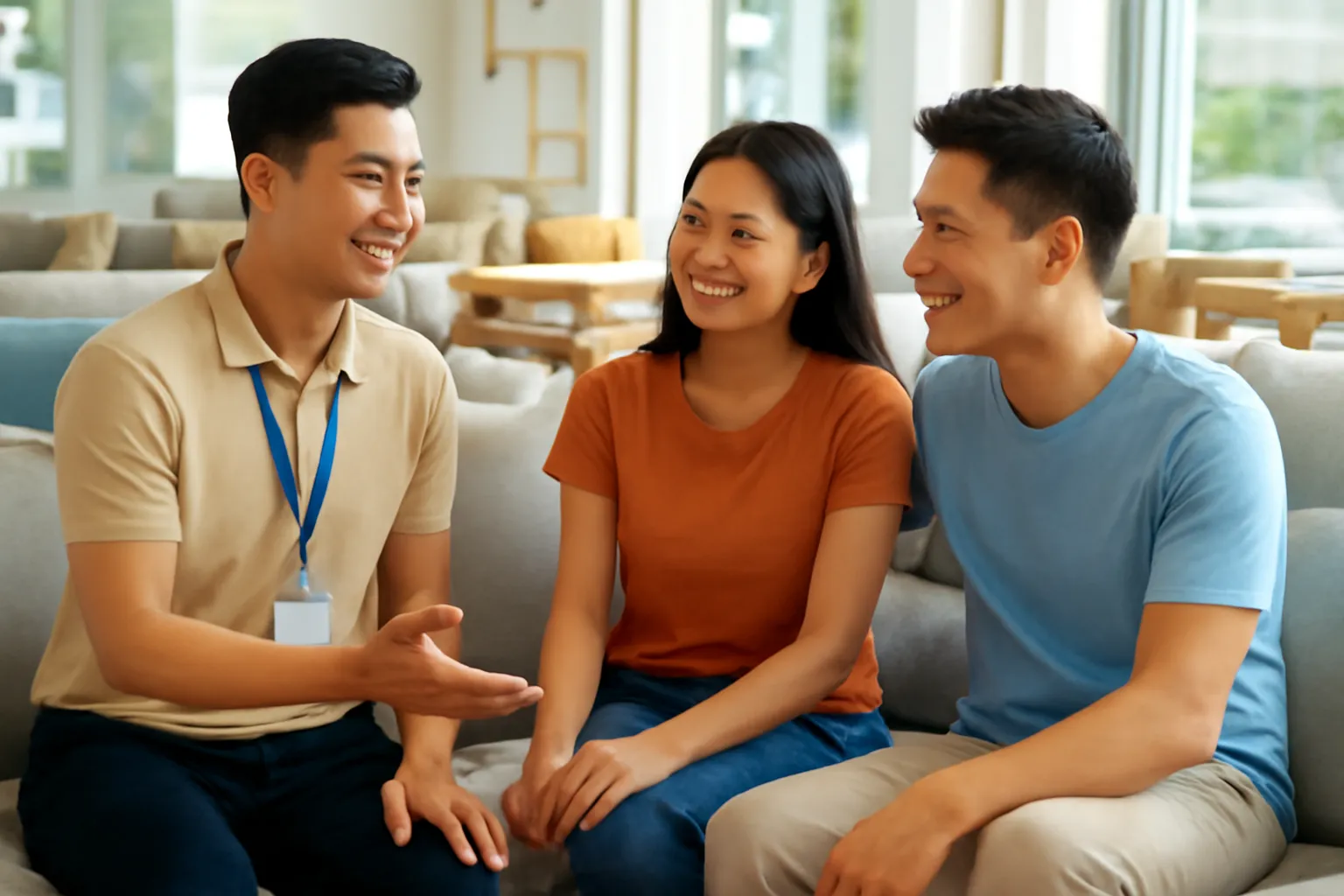 Nhân viên cửa hàng nội thất người Việt trò chuyện cởi mở với một cặp vợ chồng đang xem ghế