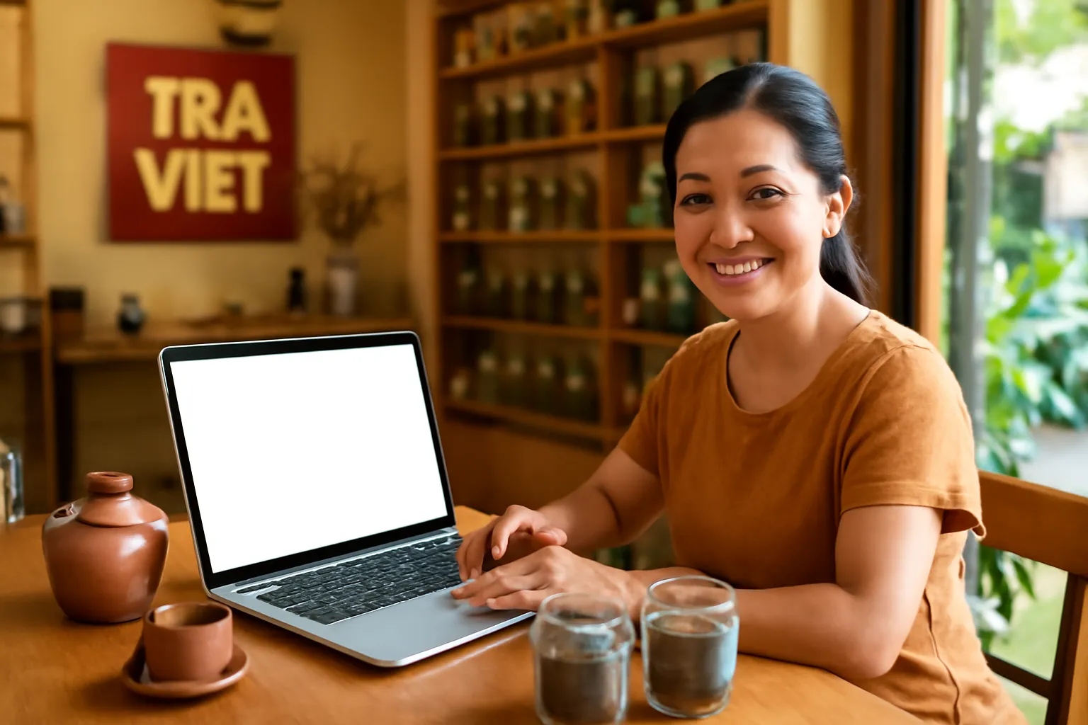 Chủ tiệm trà người Việt ngồi bên bàn gỗ với máy tính xách tay và các hũ trà