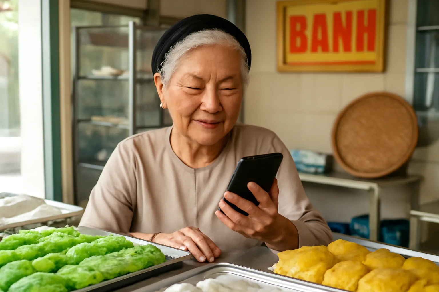 Bà chủ tiệm bánh truyền thống người Việt nhận đơn qua điện thoại tại quầy