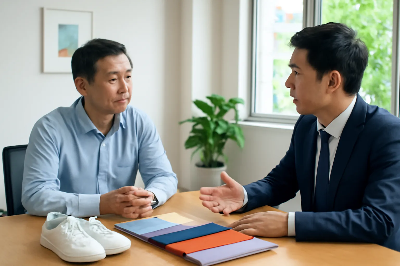 Chủ một xưởng nhỏ người Việt đang trao đổi với đại diện khách hàng trong phòng họp