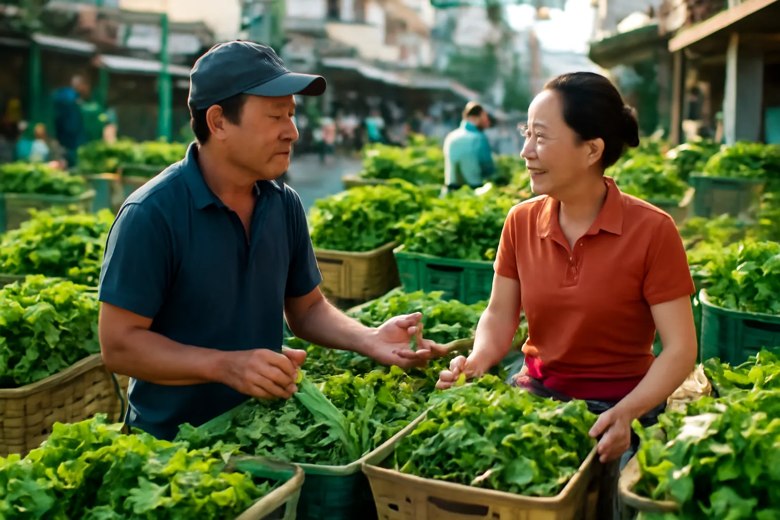 Chủ quán ăn người Việt trò chuyện với người bán rau ở chợ đầu mối buổi sáng sớm