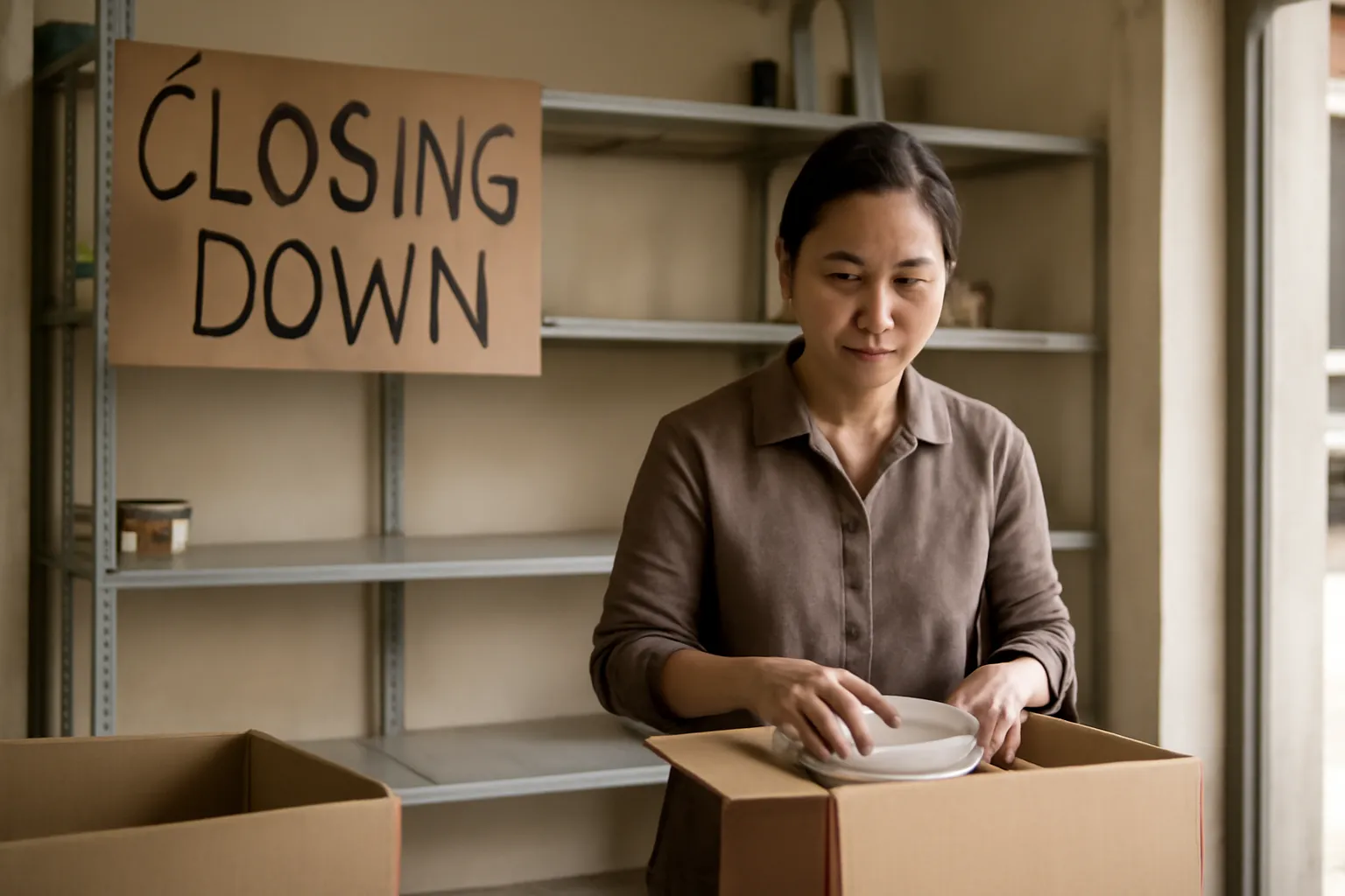 Người phụ nữ Việt đóng gói đồ đạc trong một cửa hàng nhỏ sắp đóng cửa