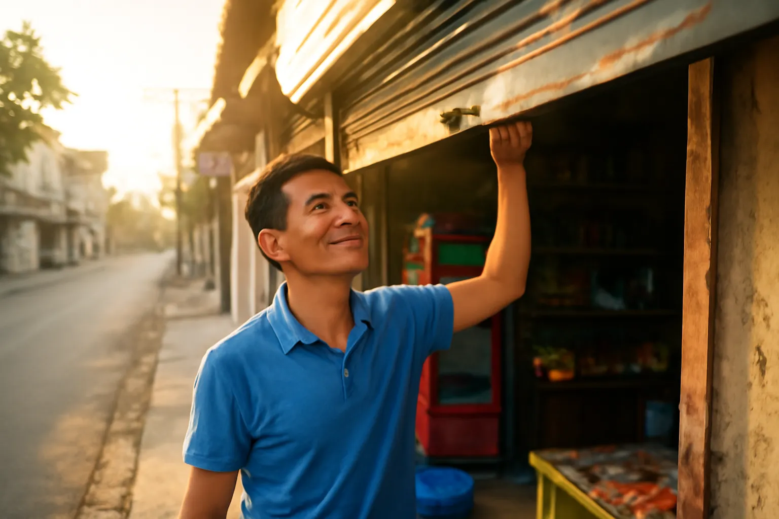 Người đàn ông Việt mở cửa một quầy hàng nhỏ vào buổi sáng sớm, bắt đầu lại