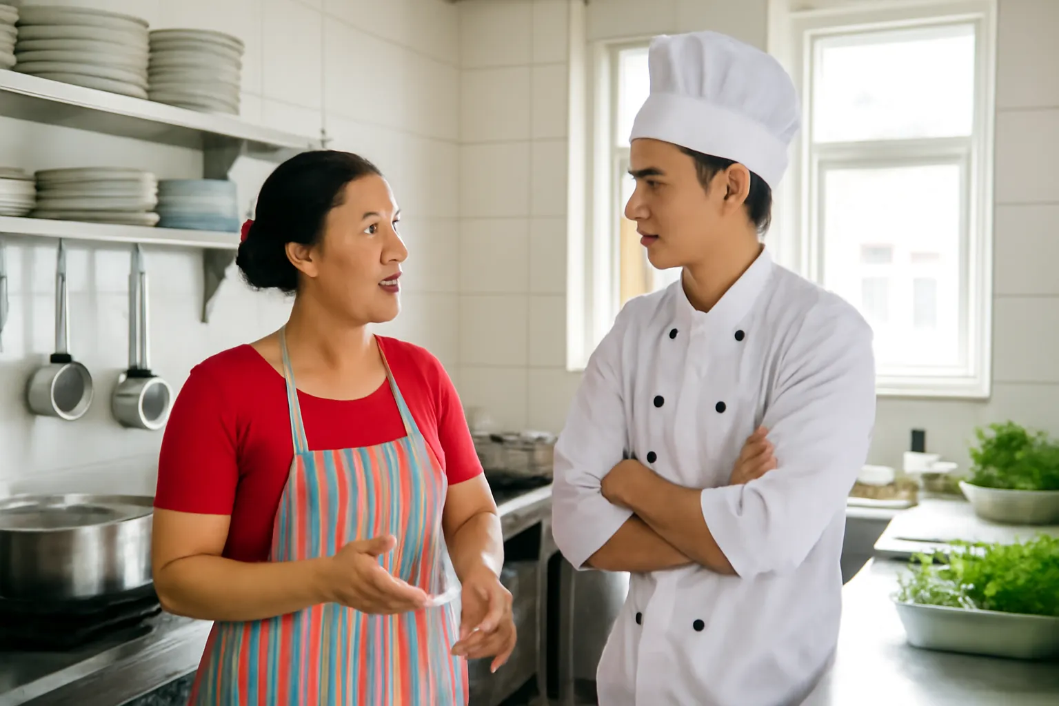 Chủ quán ăn người Việt trao đổi công việc với bếp trưởng trong bếp