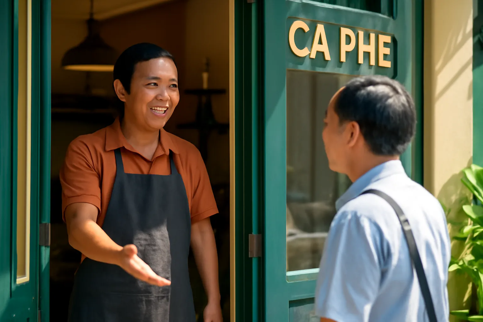 Chủ tiệm cà phê người Việt chào một khách quen đang bước vào quán buổi sáng