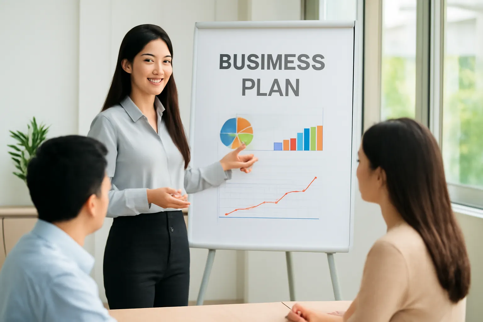 Nữ chủ doanh nghiệp trẻ người Việt trình bày kế hoạch với hai người nghe trong văn phòng nhỏ