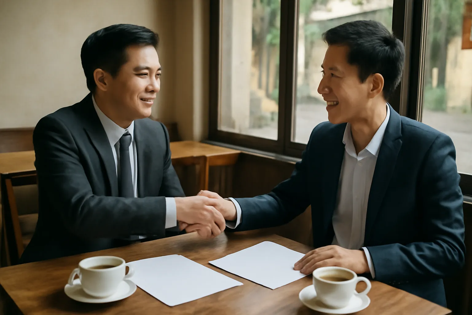 Hai người đàn ông Việt bắt tay bên bàn có bản thoả thuận trong một quán cà phê