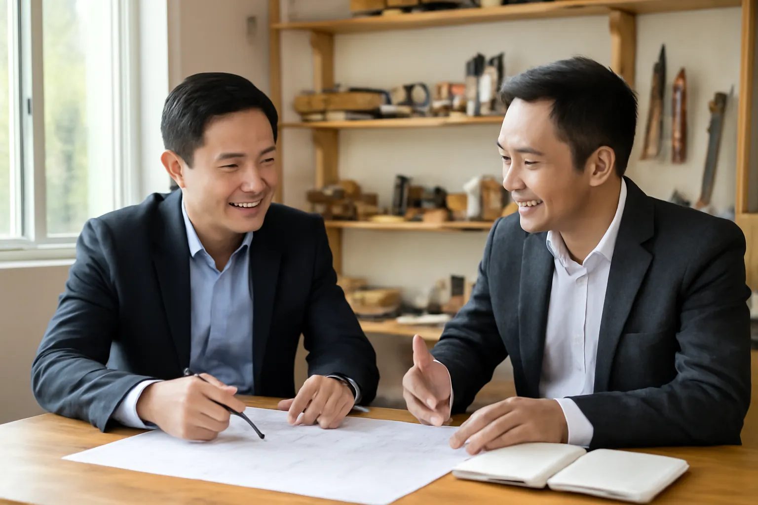 Hai người bạn Việt ngồi bàn bạc bên bàn gỗ trong một xưởng nhỏ
