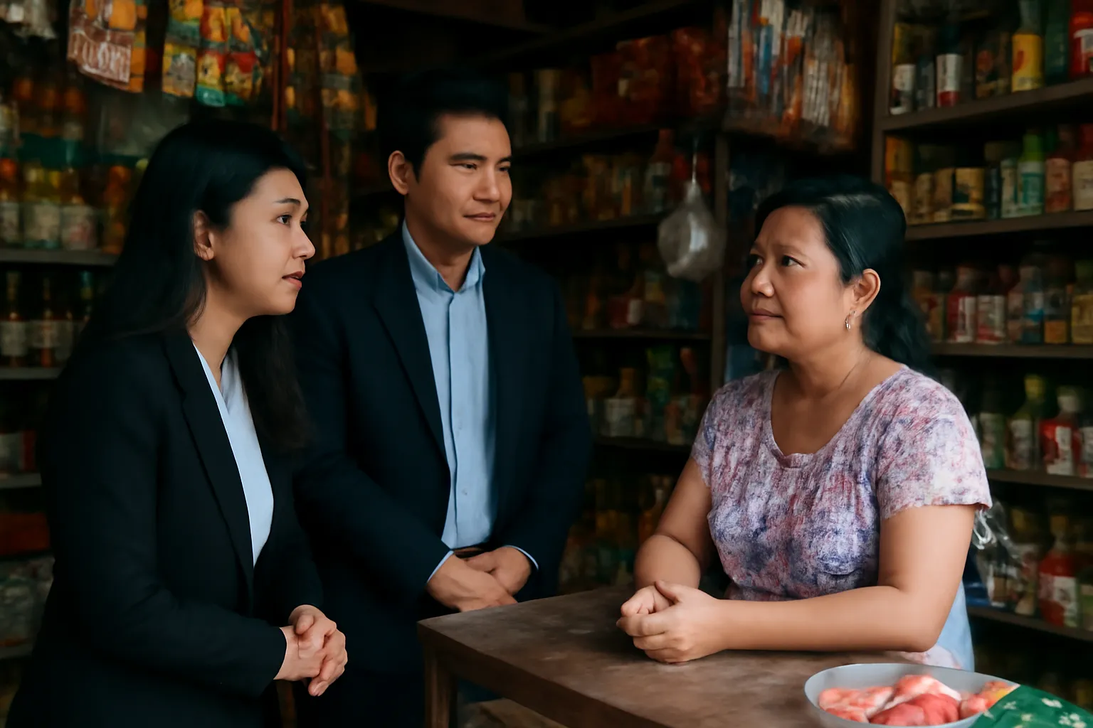 Hai người trẻ Việt trò chuyện với chủ một quán nhỏ để hỏi về nhu cầu