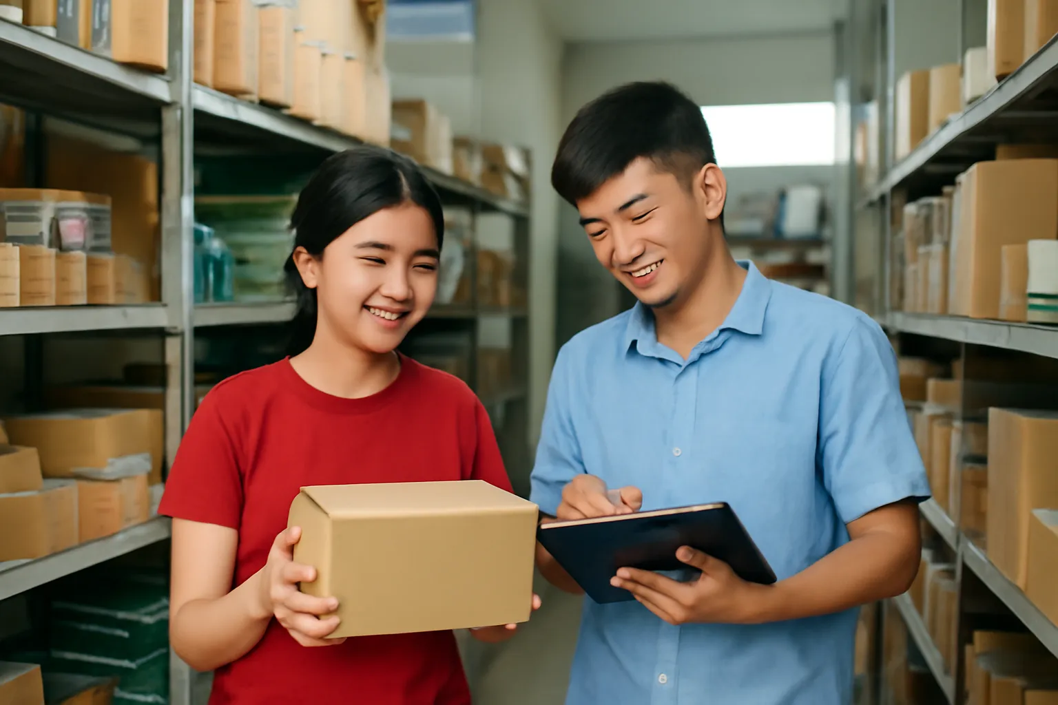 Hai anh em người Việt cùng nhau kiểm hàng trong kho của cửa hàng gia đình