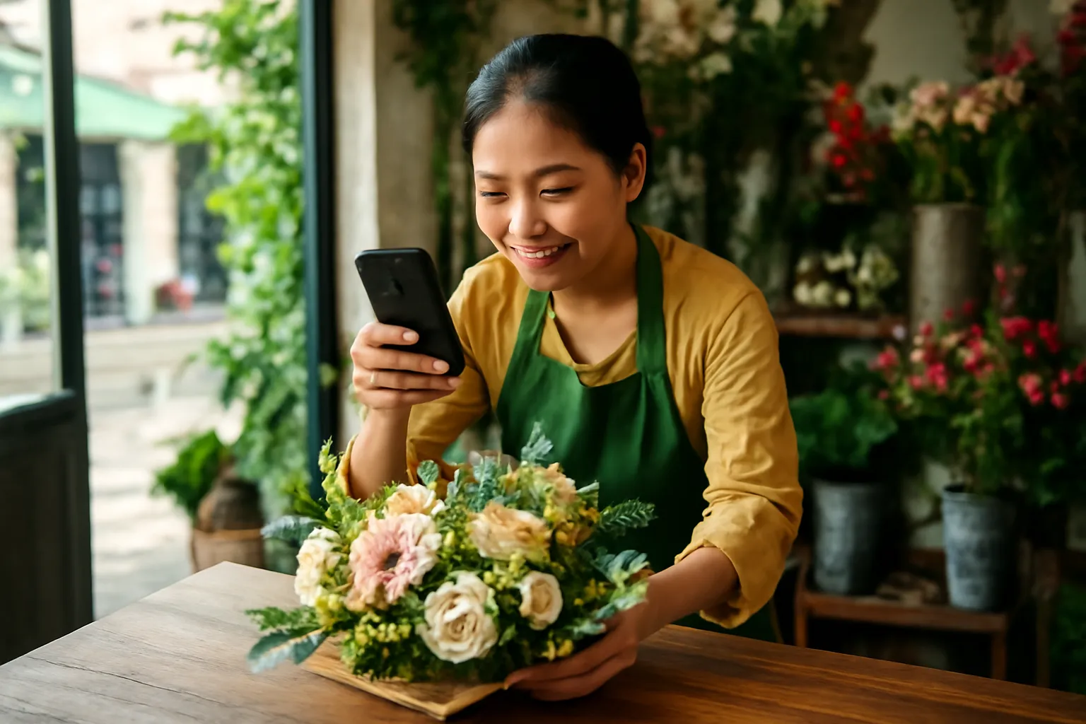 Chủ tiệm hoa người Việt đang chụp ảnh bó hoa bằng điện thoại trên bàn gỗ