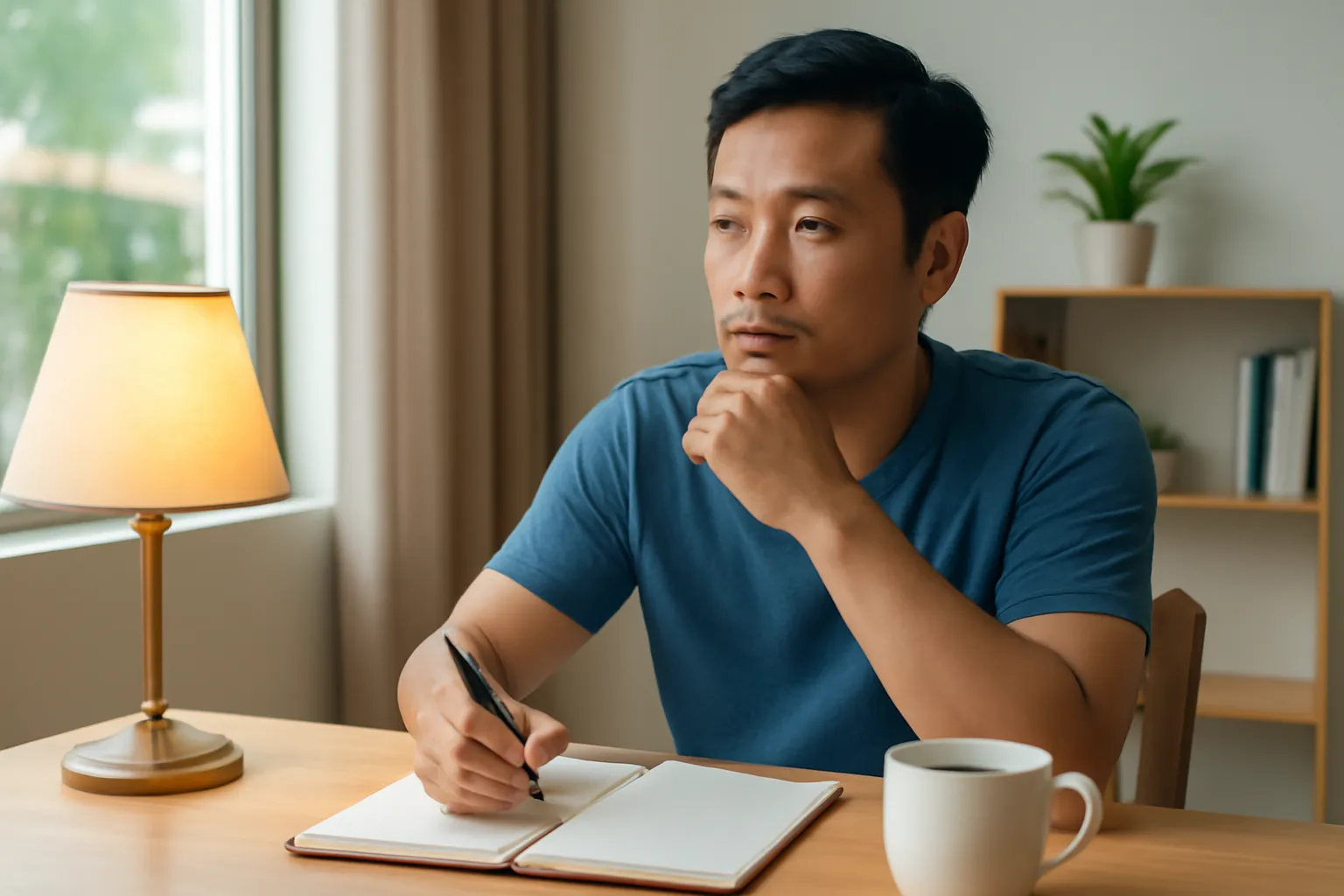 Người đàn ông Việt ngồi ở bàn làm việc buổi tối, cân nhắc giữa công việc văn phòng và việc kinh doanh riêng
