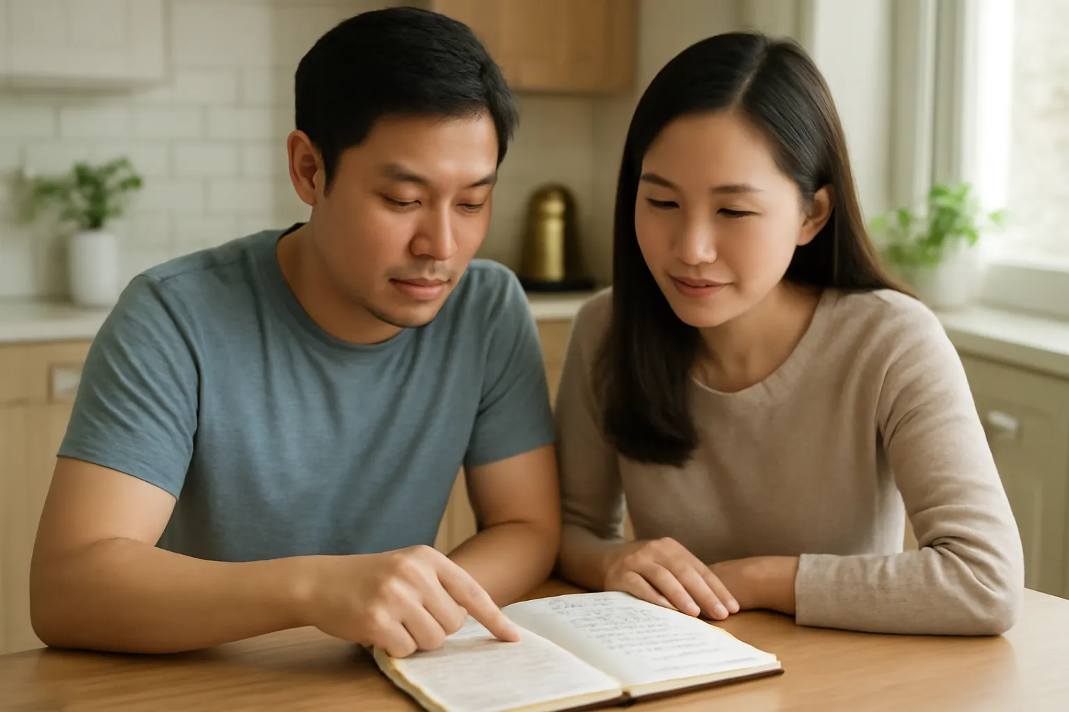 Một cặp vợ chồng người Việt ngồi tính toán sổ sách tại bàn bếp