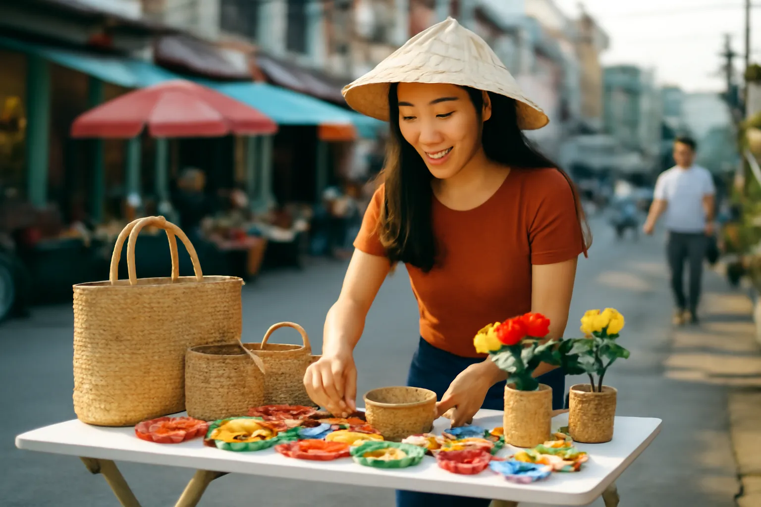 Một người phụ nữ Việt bày một bàn hàng nhỏ buổi sáng ở góc chợ