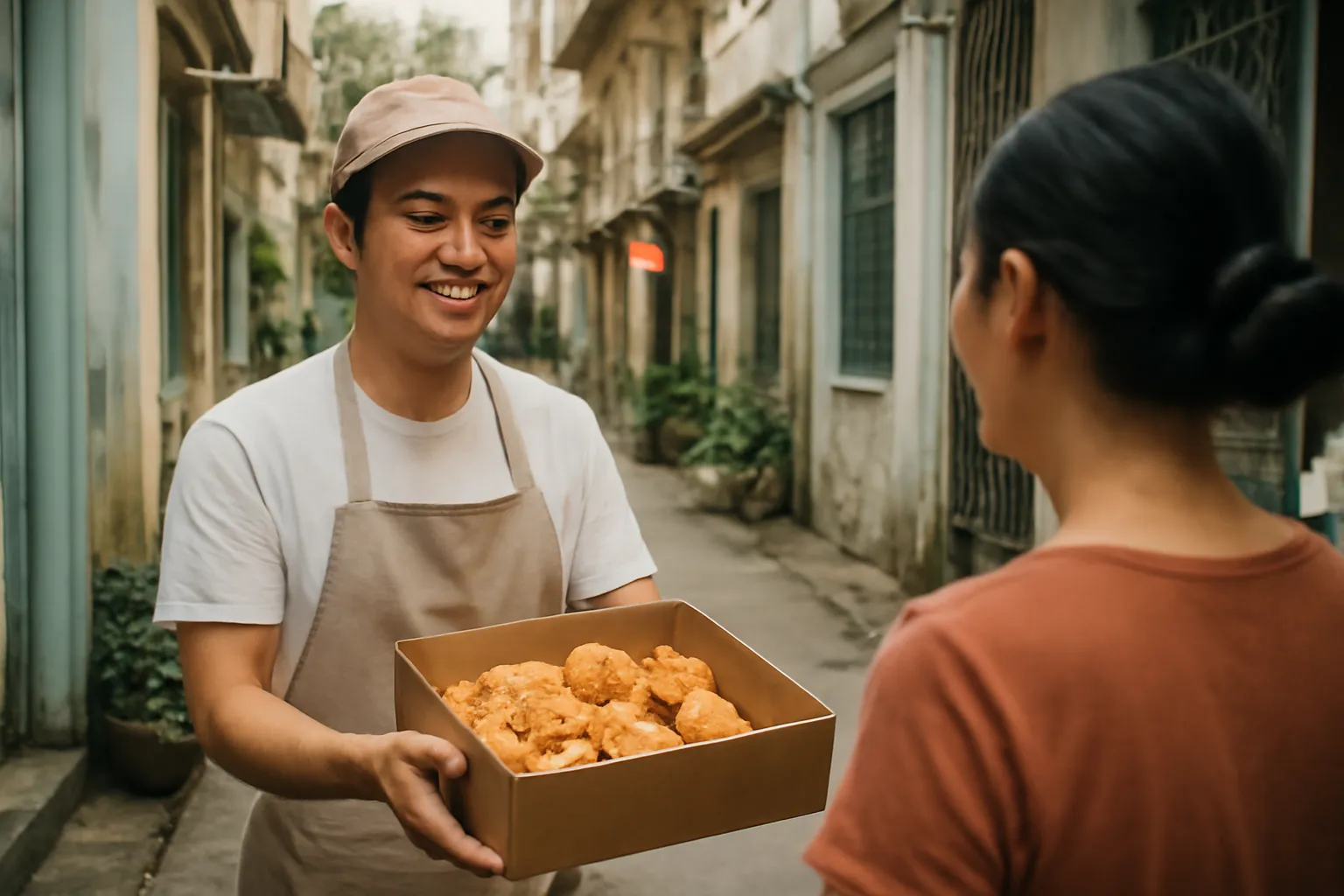 Chủ một tiệm bánh nhỏ người Việt mang hộp bánh mời các cô chú trong khu phố