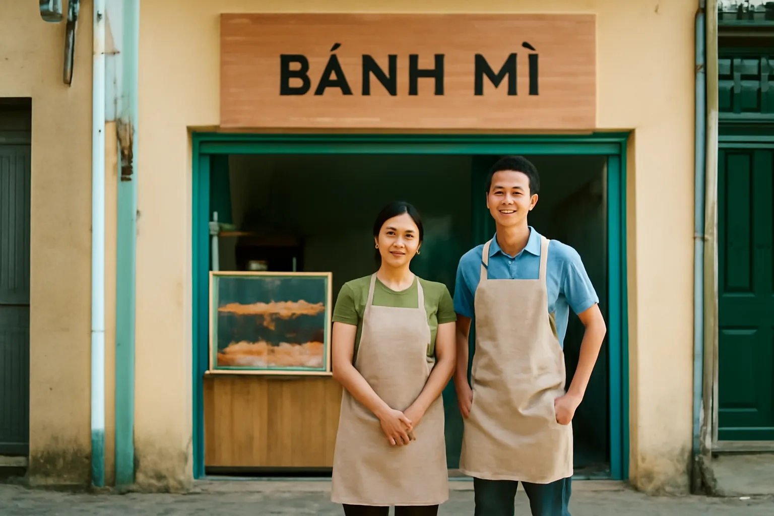 Một cặp vợ chồng người Việt trước tiệm bánh mì nhỏ với mặt tiền gọn gàng