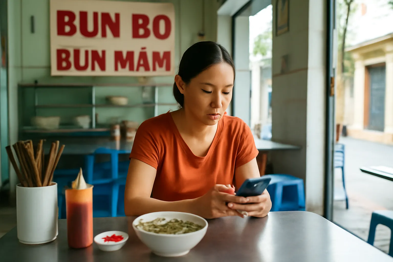 Chủ quán bún người Việt đọc tin nhắn trên điện thoại với vẻ mặt bình tĩnh