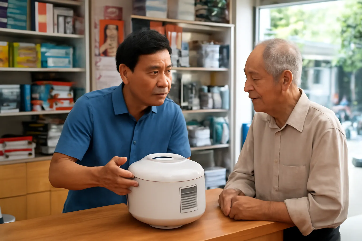 Một chủ cửa hàng điện máy người Việt kiên nhẫn giải thích cho khách lớn tuổi